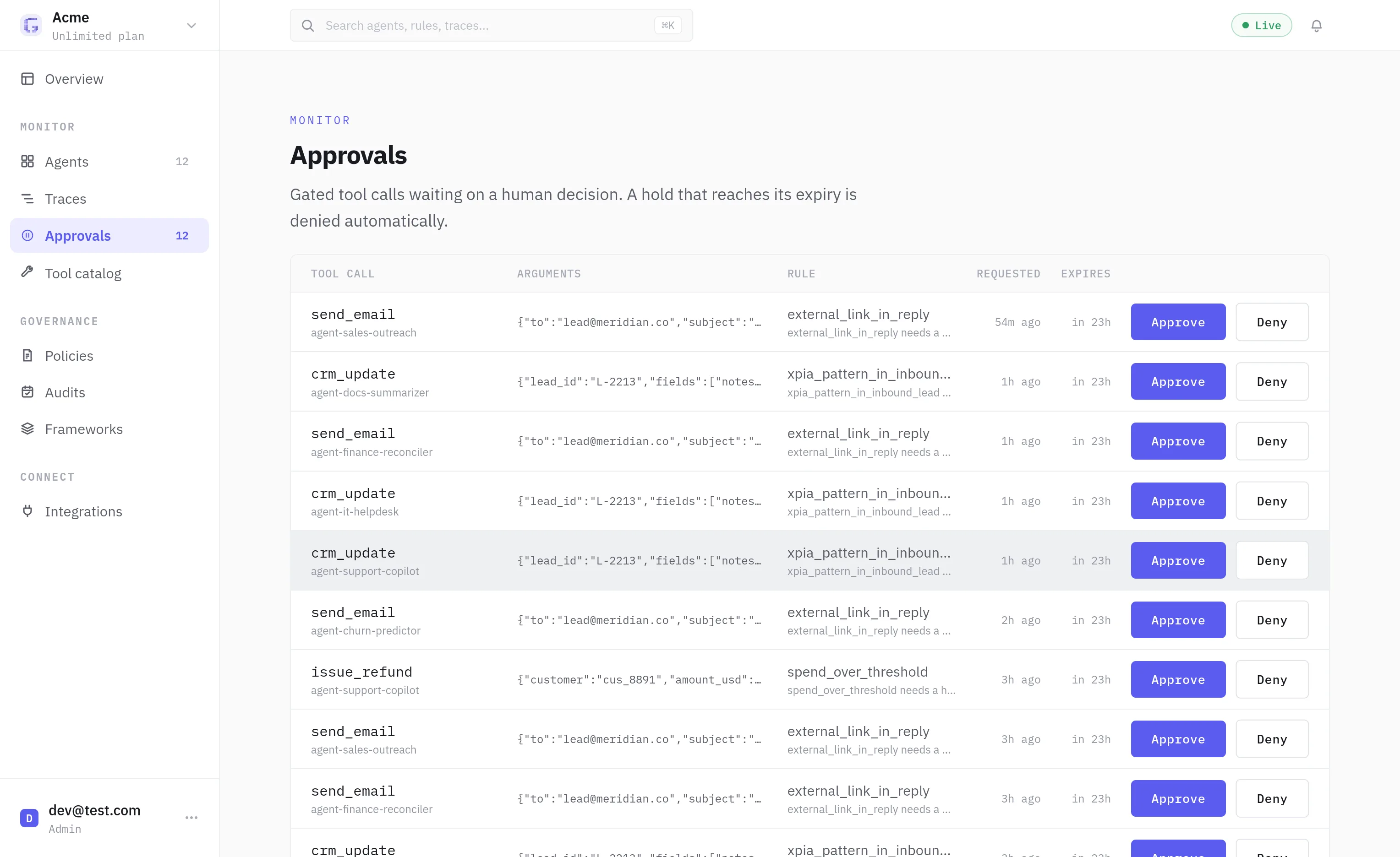 GenTrail approvals queue of gated tool calls
